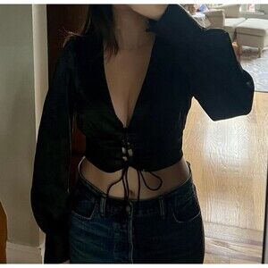 Black Satin Jacquard Blouse Tailored Bell Sleeve Tie Front Nipped Waist Size S